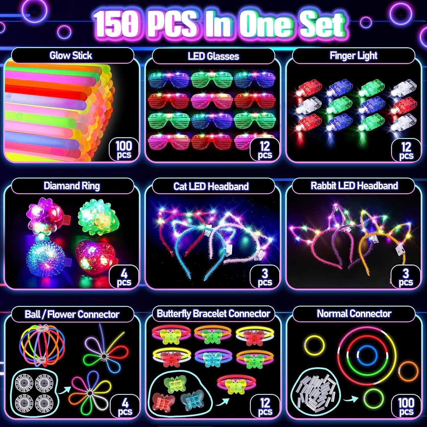 Hot150PCS Glow in the Dark Party Supplies for Kids Adults, Light Up Party Favors with Light Up Glasses, Headband, Rings, 100 Glow Sticks Bulk Party Pack DIY Glow Necklaces Bracelets, Neon Party Supplies