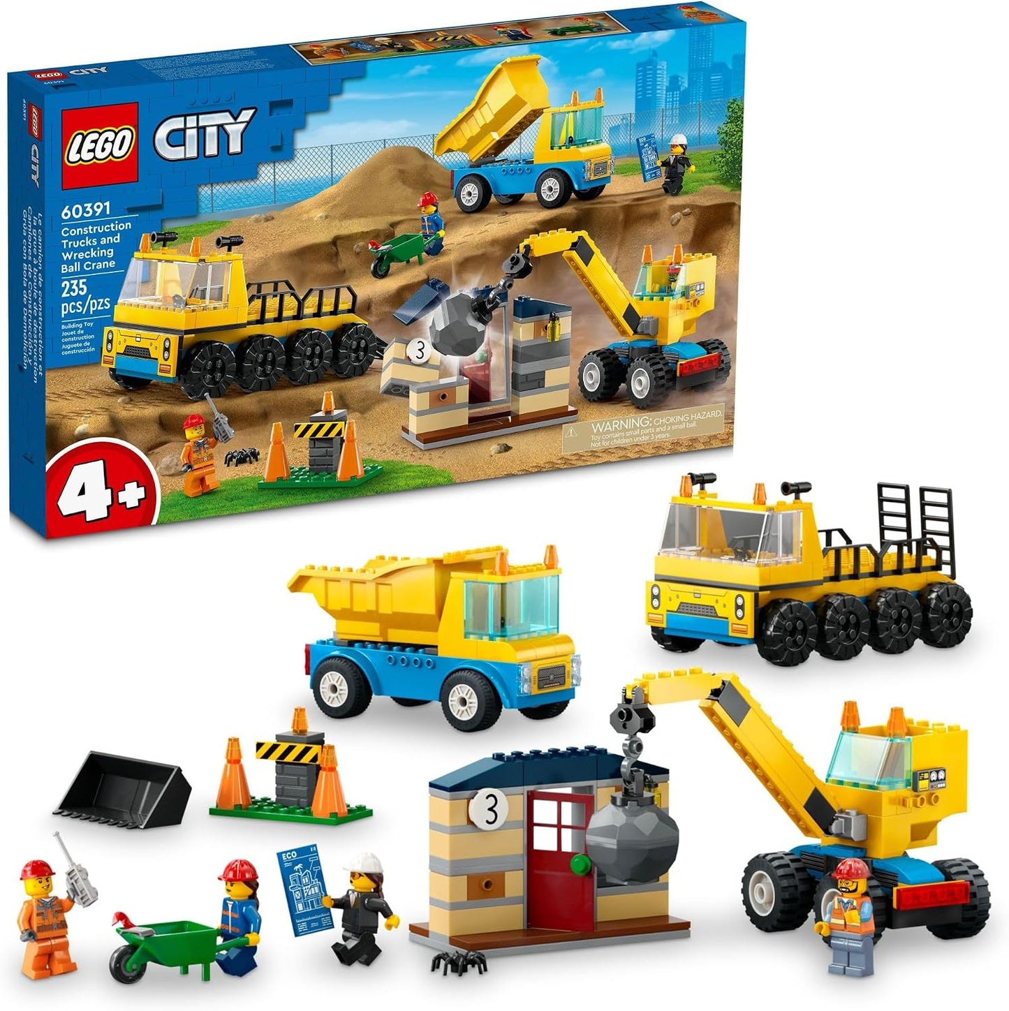 HotLEGO City Construction Trucks and Wrecking Ball Crane 60391 Building Toy Set for Toddler Kids Ages 4+, Includes 3 Construction Vehicles, an Abandoned House and 3 Minifigures for Pretend Play