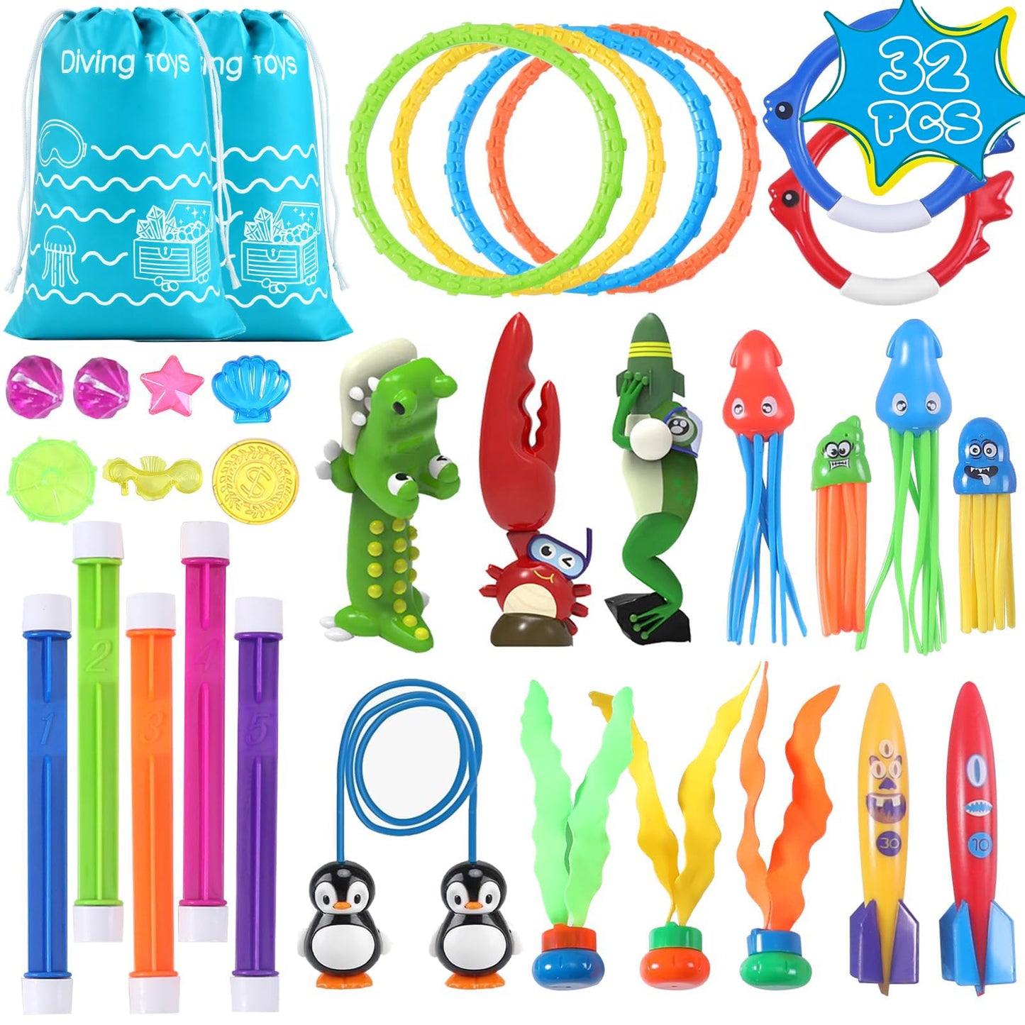 Hot20Pcs Summer Pool Diving Swimming Toys for Kids Ages 3-12, Fun Swim Games Sinking Set, Underwater Dive Gifts with Storage Bag Include Torpedo Gems Shark Rings Sea Animals for Boys Girls