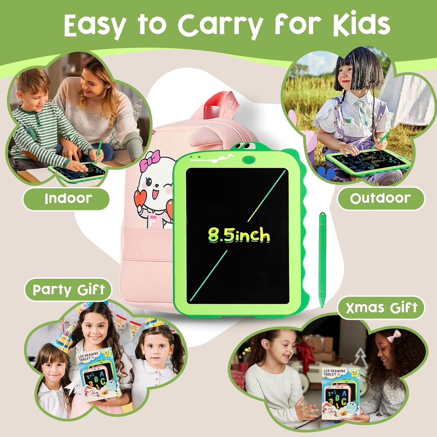 HotTeriph LCD Writing Tablet for Kids, Colorful Toddlers Toys Drawing Board, Educational Kid Toys, Doodle Pad Dinosaur Toy for 3 4 5 6 7 8 Year Old Boys Girls Birthday Party Xmas,8.5inch & Green