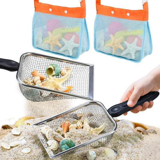 Hot 2 PCS Beach Mesh Shovel Sand Sifters with 2 PCS Mesh Beach Bag | Shark Tooth Sifter for Shell Collecting, Filter Sand Scooper Shells Tools for Boys and Girls
