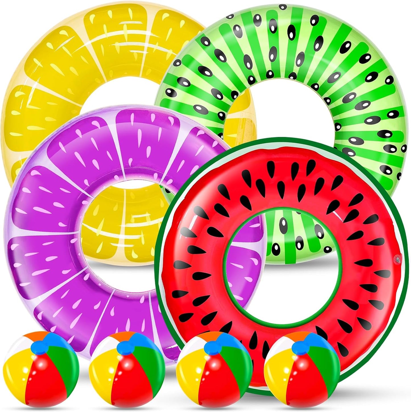 Hot 8 Pack Inflatable Pool Floats, Pool Toys for Swimming Pool Party Kids Adults 4 Pcs Fruit Swim Tube Rings & 4 Pcs Beach Balls Pool Floaties Summer Lake Hawaiian Beach Luau Party Decorations Water Fun