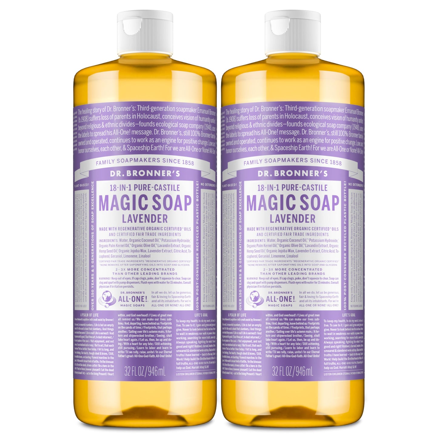HotDr. Bronner's Pure-Castile Liquid Soap, Made with Organic Oils, 18-in-1 Uses: Face, Body, Hair, Laundry, Pets and Dishes, Concentrated, Vegan, Non-GMO, Lavender, 32 Oz