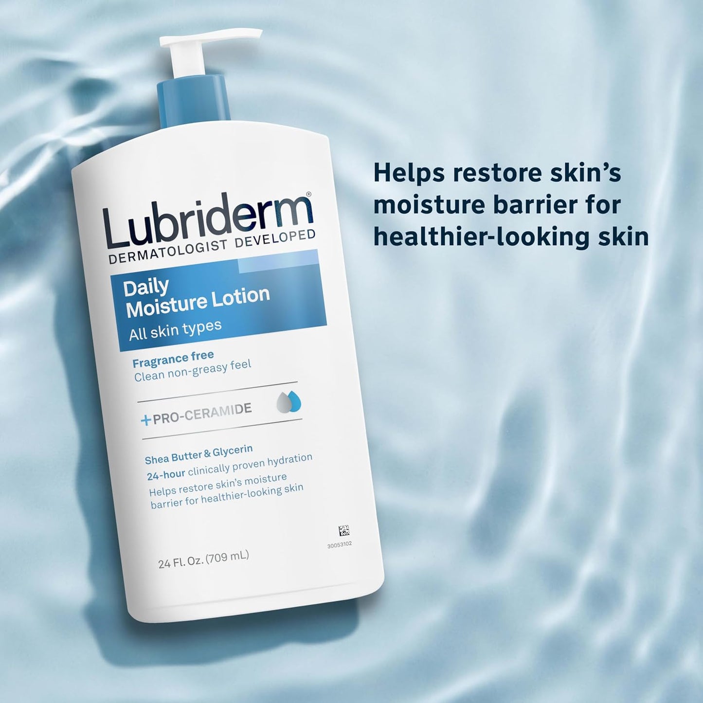HotLubriderm Fragrance Free Daily Moisture Body Lotion + Pro-Ceramide, Unscented Lotion, Body Lotion for Dry Skin, Shea Butter, Glycerin, Non-Greasy 24-Hour Moisturizer, Paraben & Dye Free, 24 Fl Oz