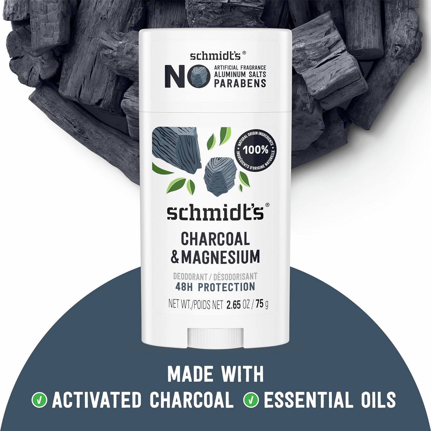 HotSchmidt's Aluminum-Free Vegan Deodorant Charcoal & Magnesium with 48 Hour Odor Protection, 2 Count for Women and Men, Natural Ingredients, Cruelty-Free, 2.65 oz, Pack of 2