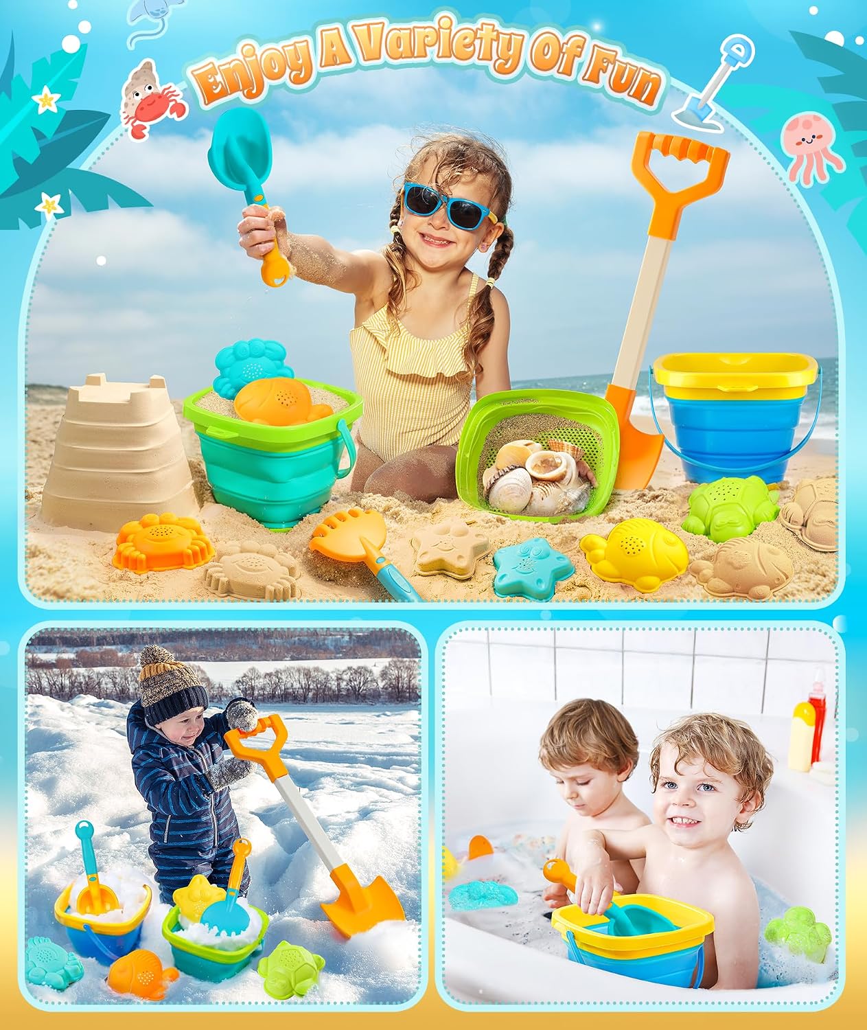 HotDUDUCOFU Collapsible Beach Sand Toys for Kids Toddlers, Collapsible Sand Bucket with Sifter Shovels Set with Mesh Bag and Sand Molds, Travel Beach Sandbox Toys for Boys Girls 3 4 5 6 7 8 9 10