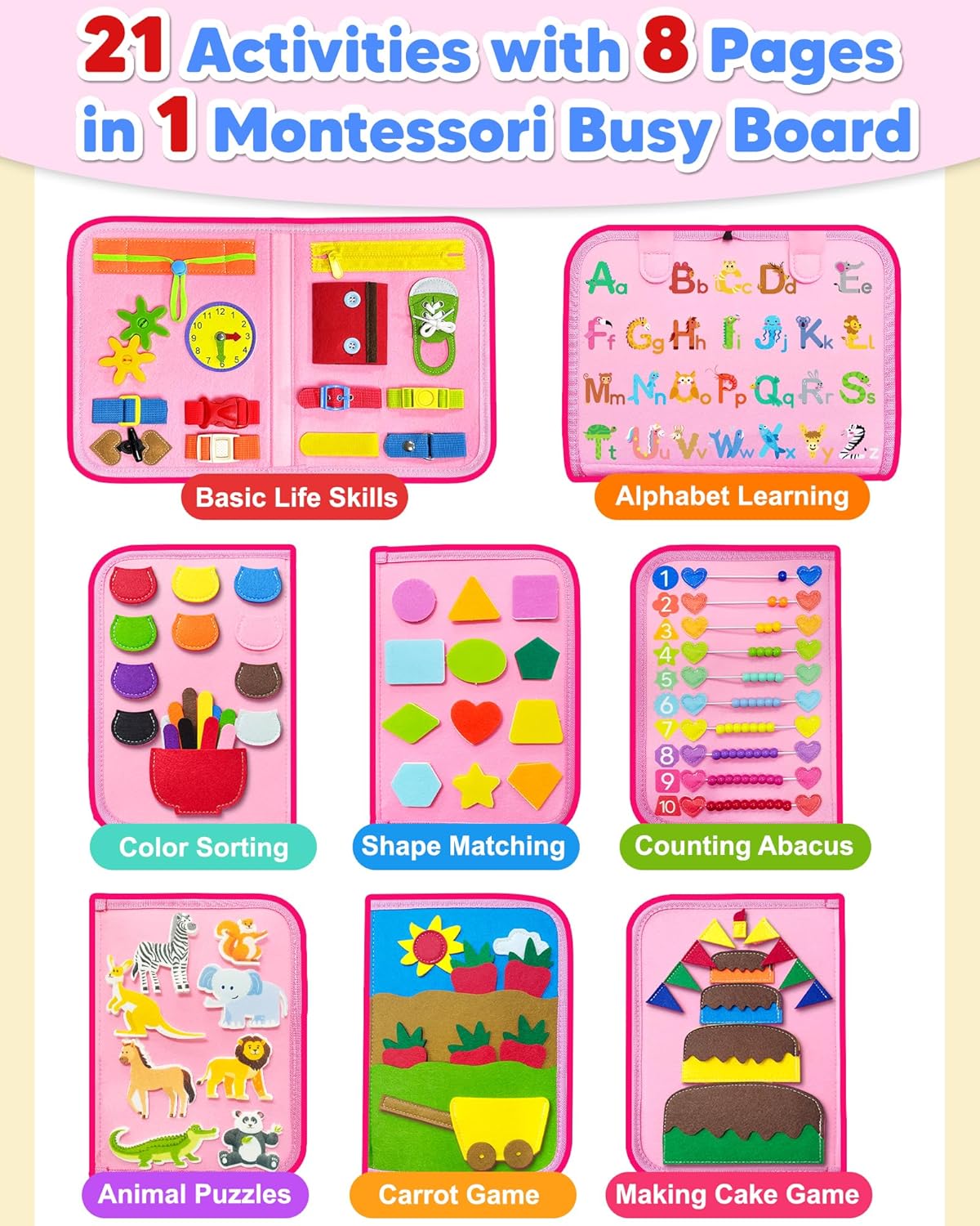 HotExorany Busy Board Montessori Toys for Toddler Girl Birthday Gifts, Busy Book Sensory Learning Toys for Toddlers, Toddler Girl Airplane Car Travel Toy Educational Activities