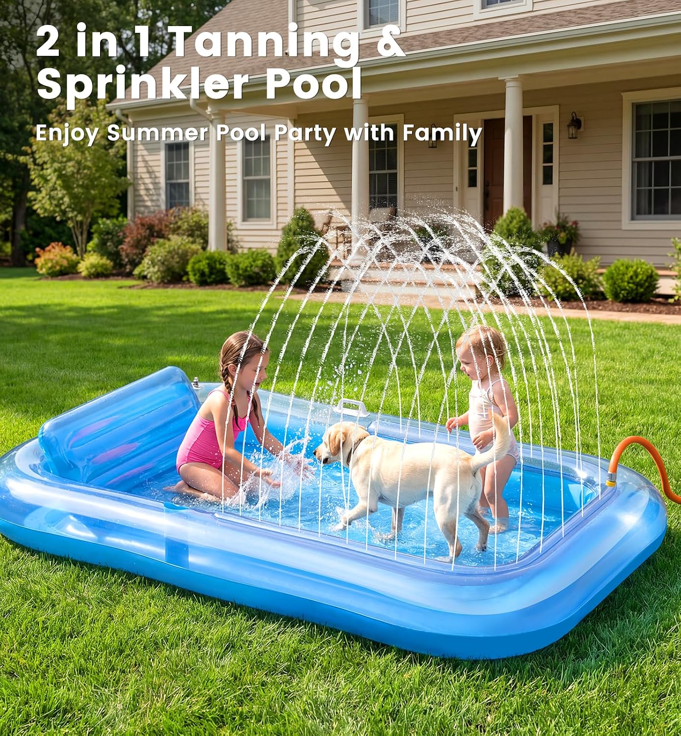 HotInflatable Tanning Pool Lounger Float with Sprinkler, 77" x 48" XL Tanning Pool for Adults with Pillow & Cup Holder, 6 in 1 Suntan Tub Sunbathing Bed Pool Floats Adult for Backyard, Beach & Lake