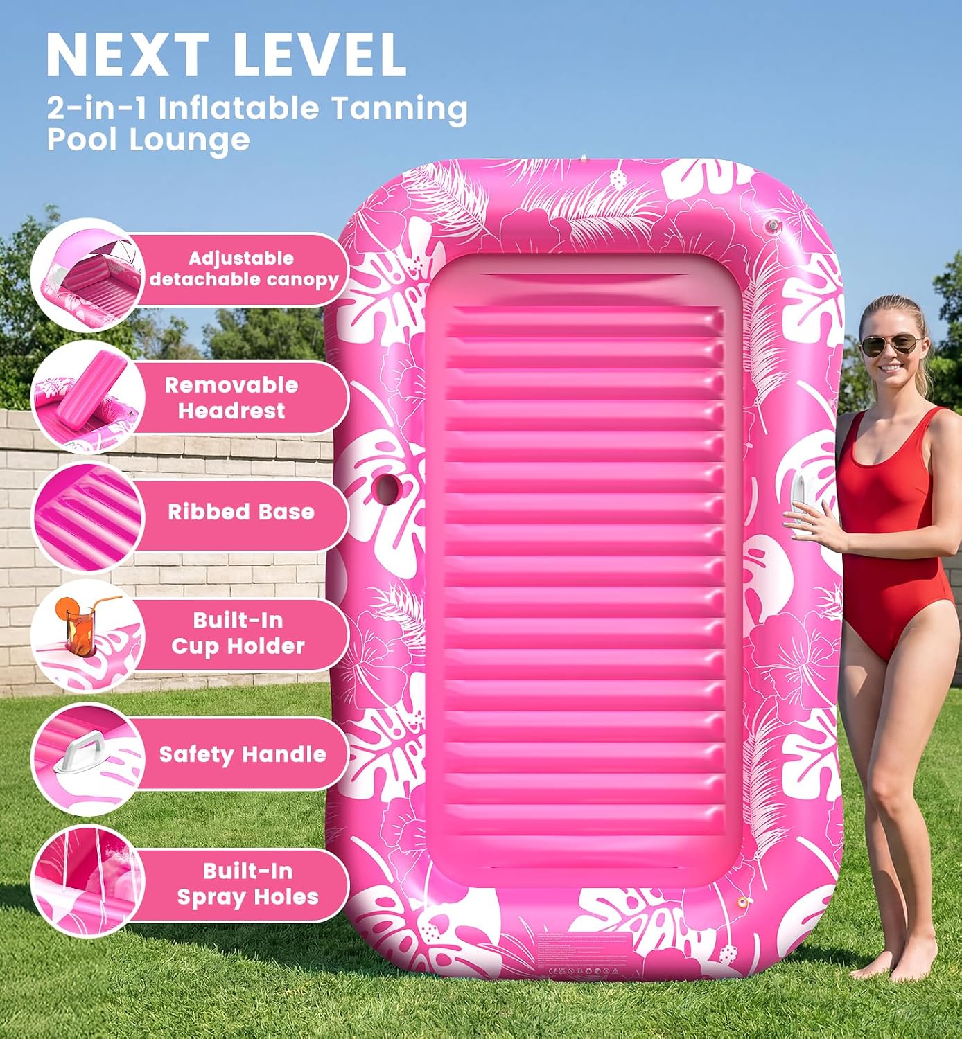 Hot Inflatable Tanning Pool Lounger Float with Sprinkler & Canopy UPF50+, 77" x 48" Extra Large Tanning Pool Float for Adults, Sunbathing Water Lounge Bed with Pillow & Cup Holder for Backyard & Pool