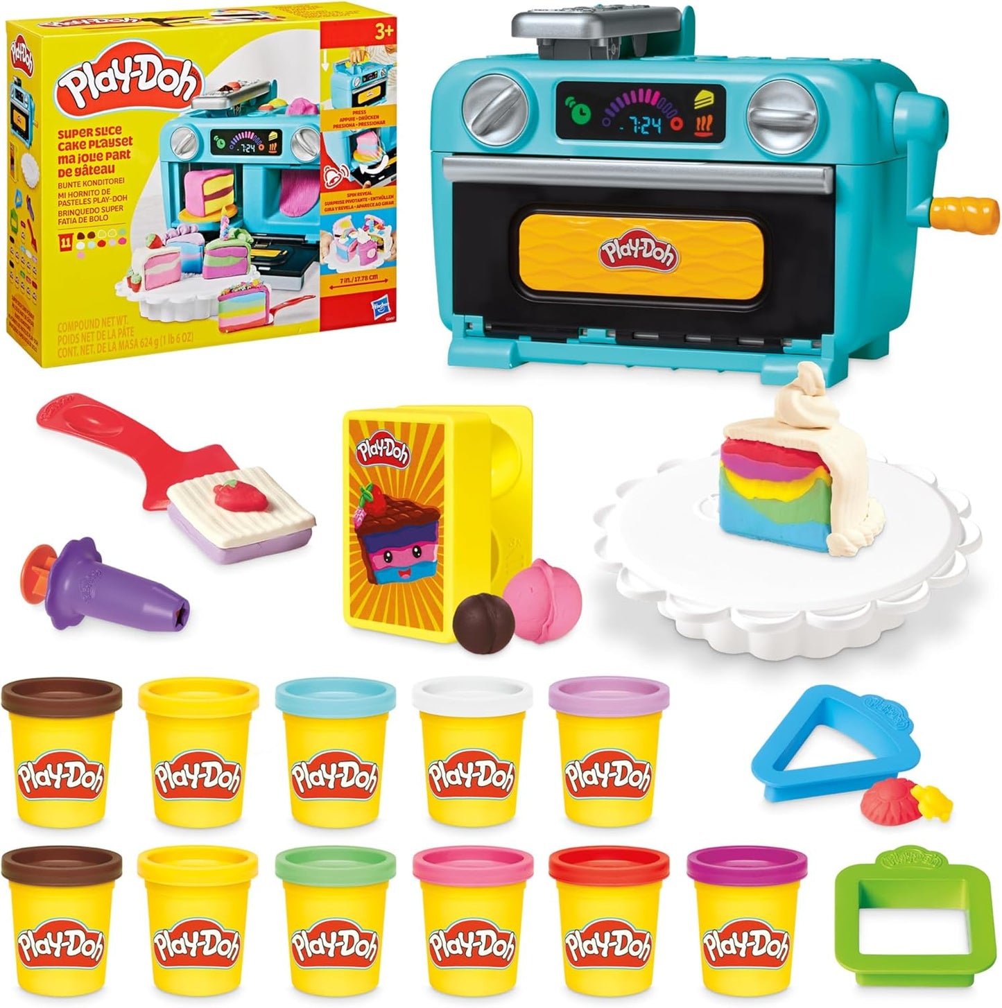 Hot Play-Doh Super Slice Cake Playset, Toy Oven with Play Kitchen Accessories & 11 Modeling Compound Cans, Kids Arts & Crafts, Ages 3+