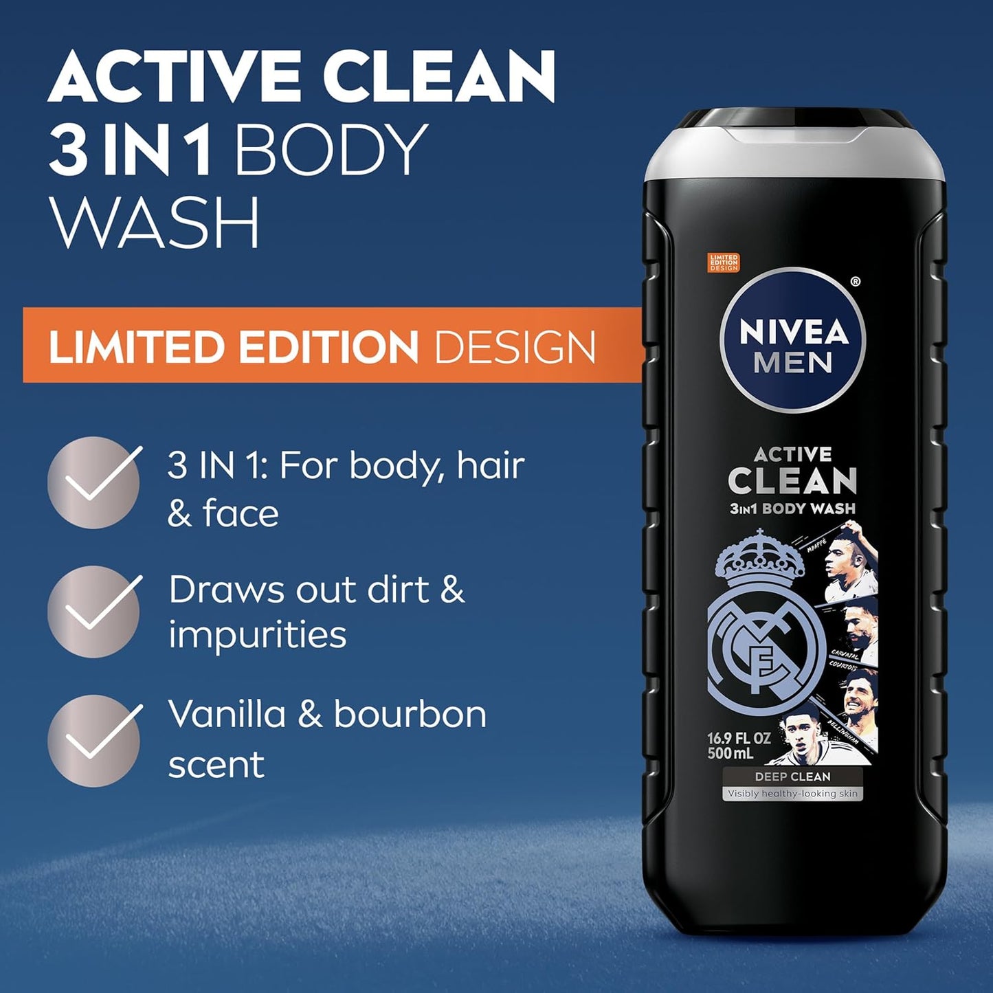 HotNIVEA MEN Real Madrid Limited Edition Design Active Clean Body Wash with Natural Charcoal for Normal to Oily Skin, 3-in-1 Charcoal Body Wash, Face and Hair, 16.9 Fl Oz Bottle, Pack of 3