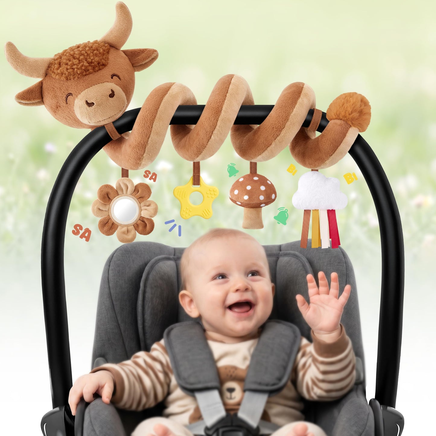 HotSpiral Car Seat Baby Toys 0-6 Months, Infant Carseat High Contrast Sensory Toys Hanging Stroller Accessories, Newborn Shower Gifts for Baby Boys Essentials Stuff, Cute Black and White Cow