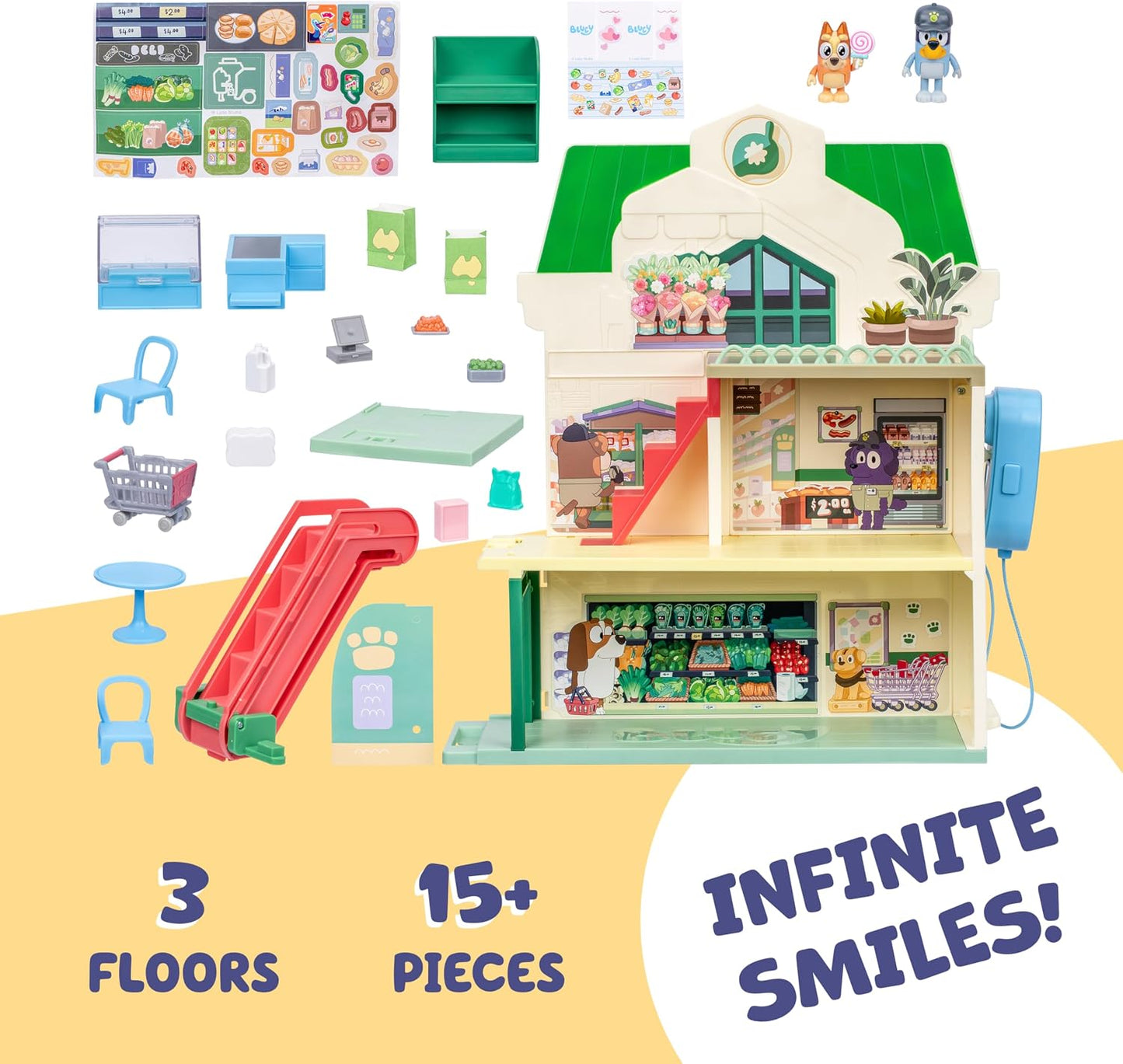 HotBluey and Bingo Supermarket Playset, Escalator & Sounds, 15 Pieces | 3 interactive levels, rooftop café, 24 sound effects, exclusive Bingo & Bluey figures; pretend play for kids ages 3+