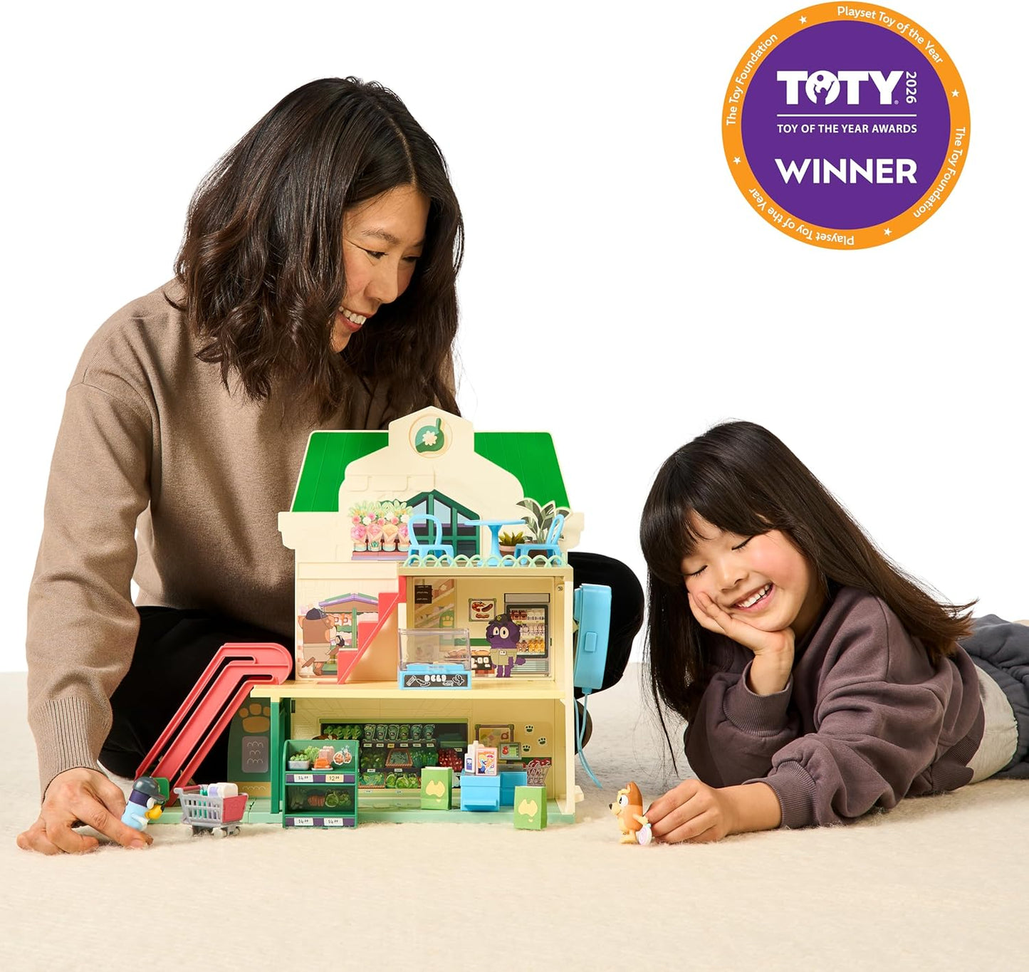 HotBluey and Bingo Supermarket Playset, Escalator & Sounds, 15 Pieces | 3 interactive levels, rooftop café, 24 sound effects, exclusive Bingo & Bluey figures; pretend play for kids ages 3+