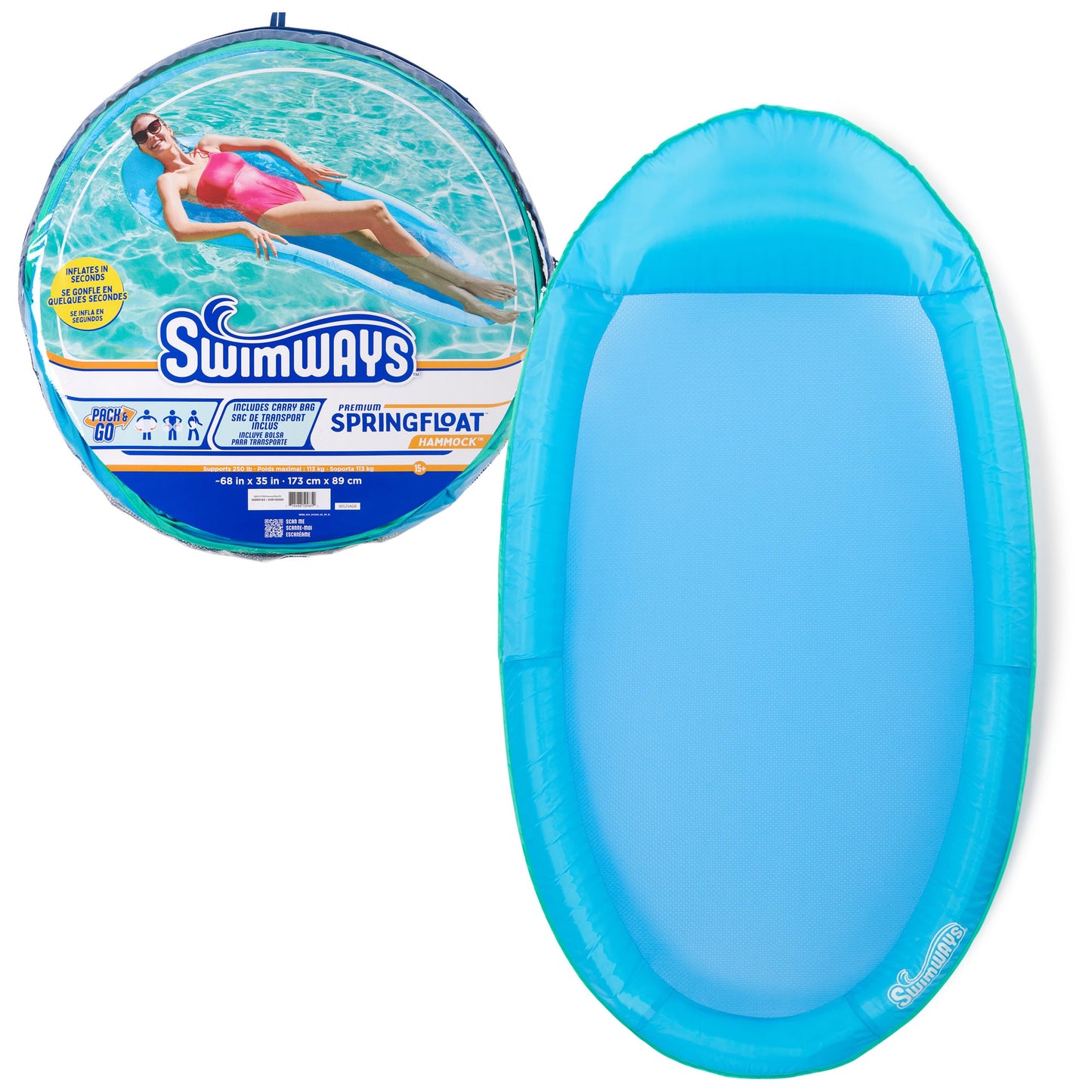 HotSwimWays Spring Float Hammock, Fast-Inflating Adult Lounger; Ages 15+ | Patented Fast Inflation for Immediate Use During Travel, Fits Most Adults and Teens, Teens & Adults Can Lounge Comfortably