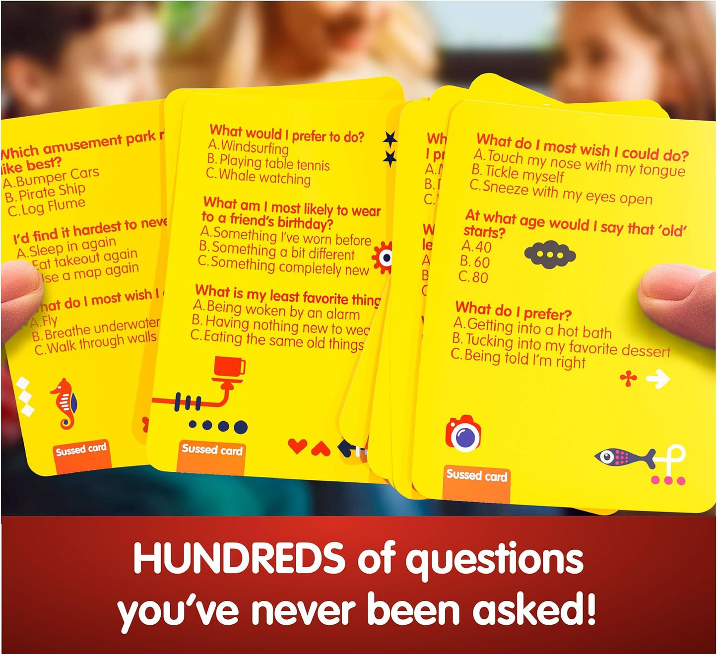 Hot SUSSED The Wacky ‘What Would You Do’ Social Card Game - Fun & Easy for Kids - Family Travel Game for Road Trips & Car Journeys - Ages 6 & Up - Yellow Deck