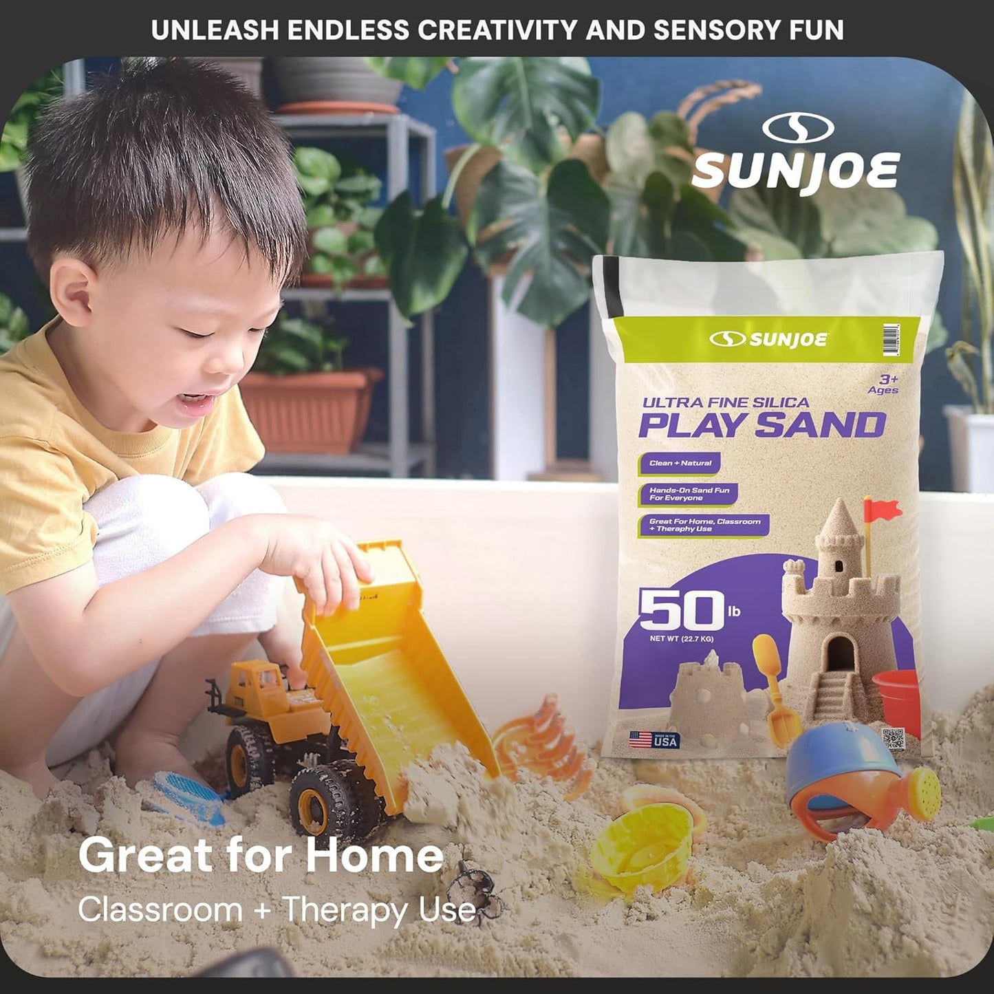 Hot Sun Joe Silica Play Sand for Sandbox, Sensory Table & Gardens, Ultra Fine, 50 Lb Bag - Indoor & Outdoor Craft Accessory for Molding, Digging & Sculpting, PLYSAND50