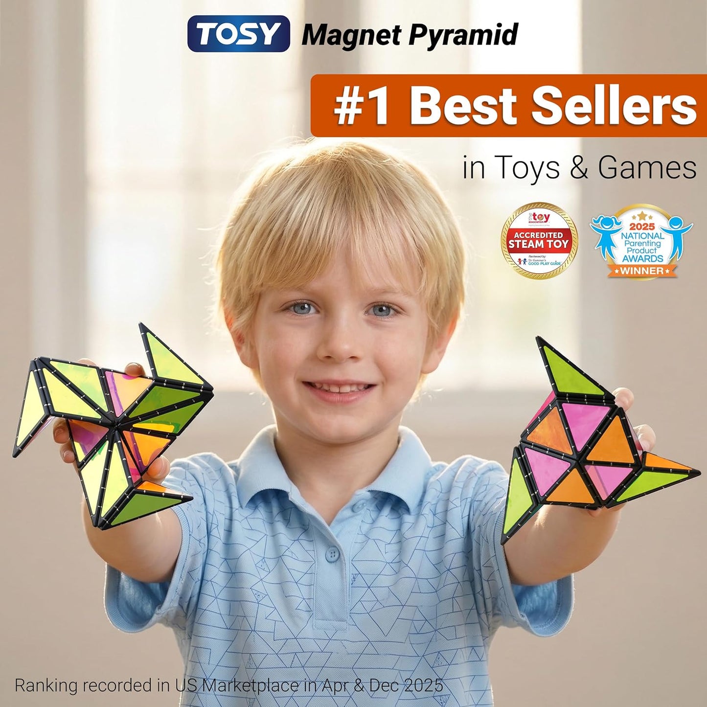 HotTOSY Magnet Pyramid Glow - 1 Cube Transforms into 1 Billion Shapes, 12 Pieces, 243 Rare Earth Magnets, Glowing, Holographic Design Magnet Tiles Creative Puzzle STEM/STEAM Toy