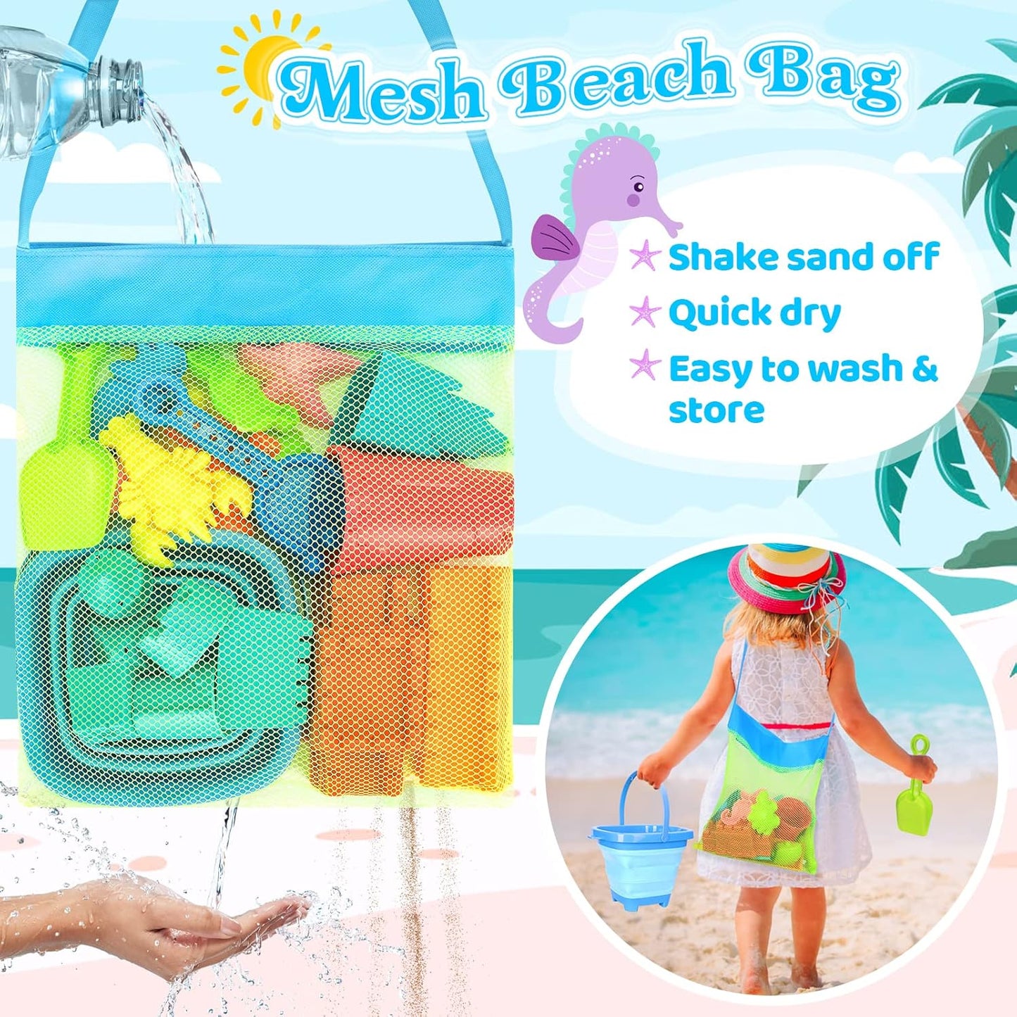 HotCollapsible Beach Toys for Kids Toddlers, Collapsible Sand Bucket and Shovels Set with Mesh Bag,Travel Sand Castle Building Kit, Sandbox Toys, Foldable Beach Essentials for Toddlers Kids Age 3-10 ﻿