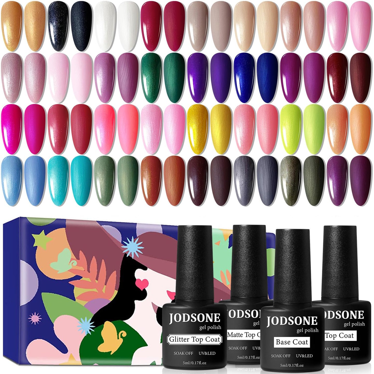 HotJODSONE 36 PCS Gel Nail Polish Set-32 Colors Gel Polish Kit Base Coat Glossy Matte and Glitter Top Coat Nail Polish Set Green Blue Red Pink Collection Gifts for Women