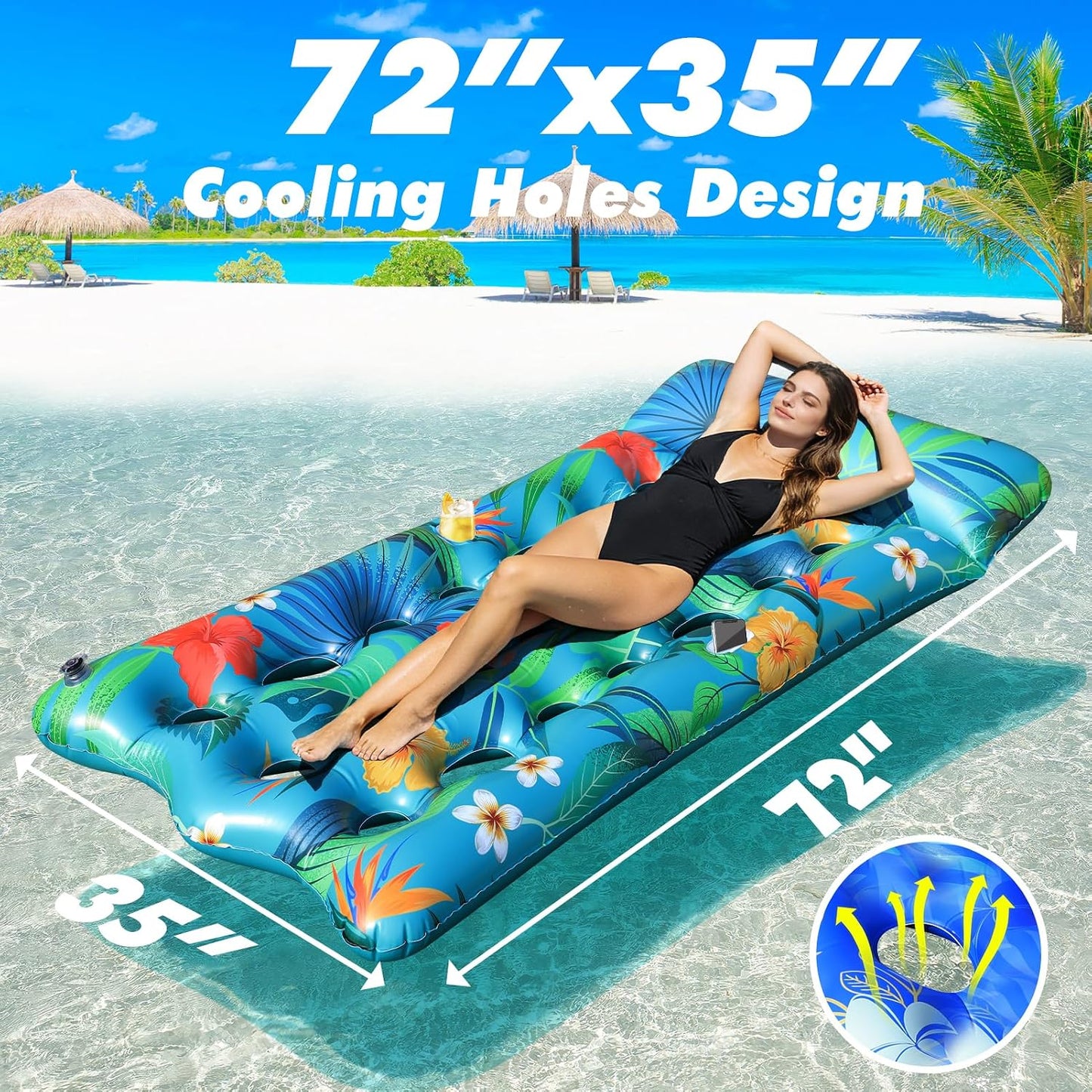 Hot Pool Floats Lounger, 2 PCS 72''x35'' Ultra-Comfort Pool Rafts for Adults with Cooling Headrest and Cup Holders, Pool Floaties Raft Mat for Sun Tanning Swimming Beach Outdoor Pool Lake Party