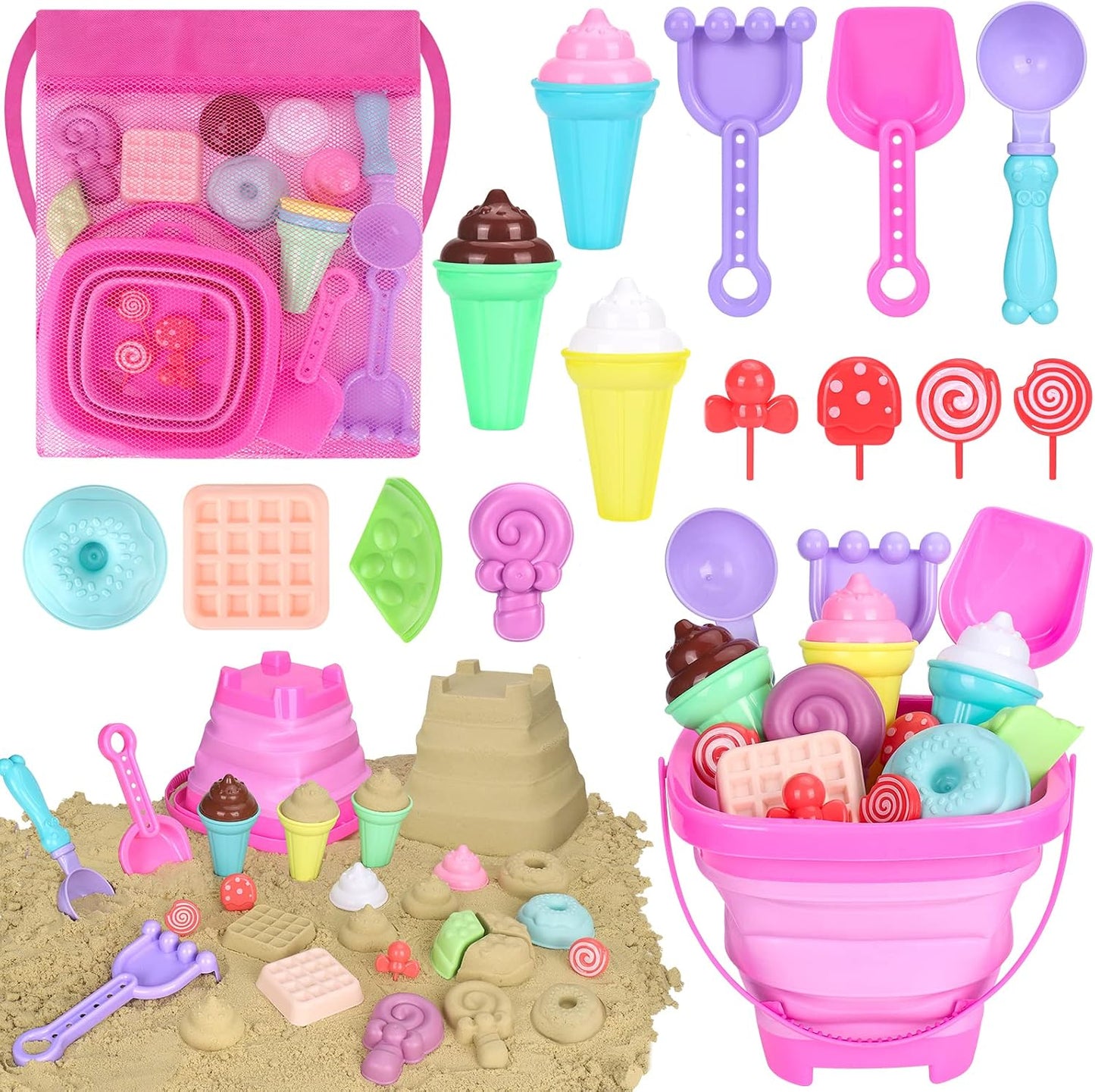 HotCollapsible Beach Toys Set for Kids Toddlers Girls, Collapsible Sand Bucket and Shovels Set with Mesh Bag & Sand Molds, Ice Cream Travel Sand Toys for Beach, Sandbox Toys for Toddlers Kids Age 3-10