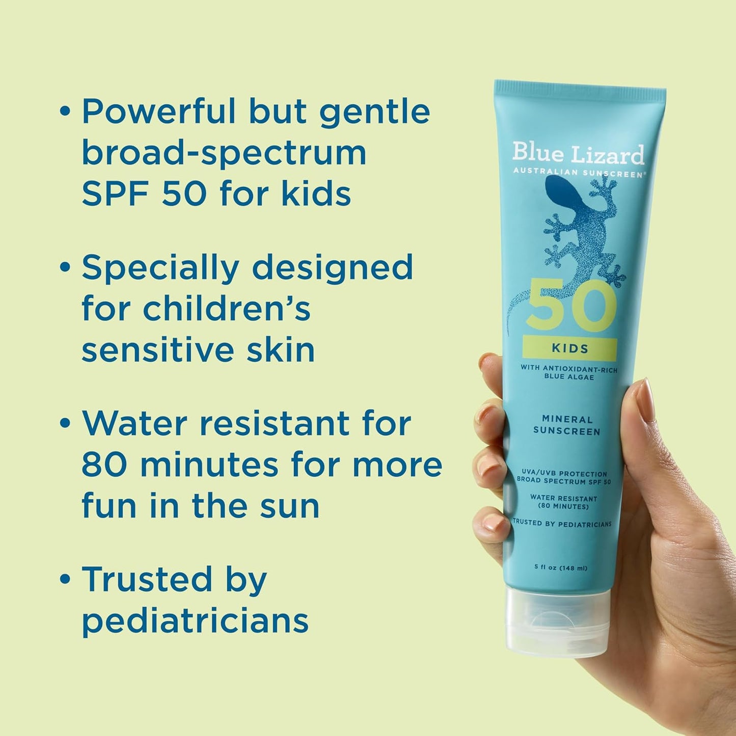 HotBlue Lizard Kids Mineral SPF 50 Sunscreen Lotion, 100% Mineral, Children’s Sunscreen, Water-Resistant Formula, Paraben-Free, Fragrance-Free, 5 fl oz