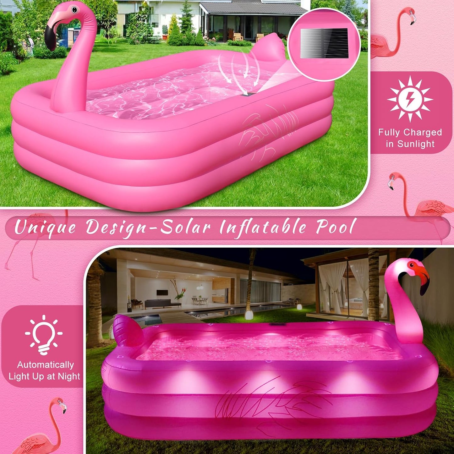 Hot Inflatable Pool with Lights, Solar Flamingo Swimming Pool for Kids,Adults Inflatable Blow up Pool, Large Kiddie Pool,Durable Thickened Kids Pool for Backyard,Outdoor,100"X63"X20"-Bright Pink