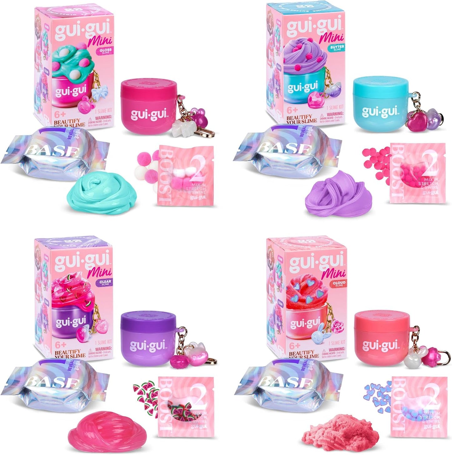 Hot GUI GUI Mini Bundle Pack Slime Kit, Scented Slime for Kids 6+ | 4 collectible minis with gloss, butter, fluffy cloud slime, and clear textures plus charm clips, birthday gifts for girls 6+