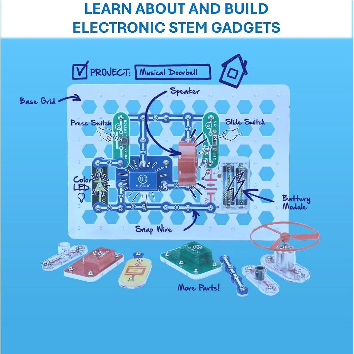Hot Snap Circuits Jr. SC-100 Electronics Exploration Kit, Over 100 Projects, Full Color Project Manual, 28 Parts, STEM Educational Toy for Kids 8 +
