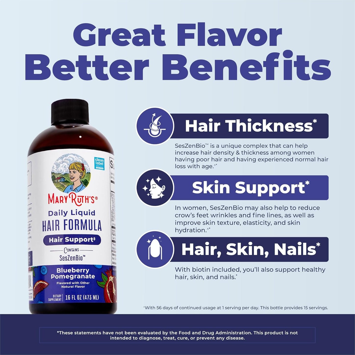 HotMARYRUTH'S Daily Liquid Hair Formula | With 500 mg SesZenBio™ + 2,500 mcg Biotin | Vitamin C | Thicker, Stronger Hair for Women | Hair, Skin, & Nail Health | Collagen Production | 16 Fl Oz
