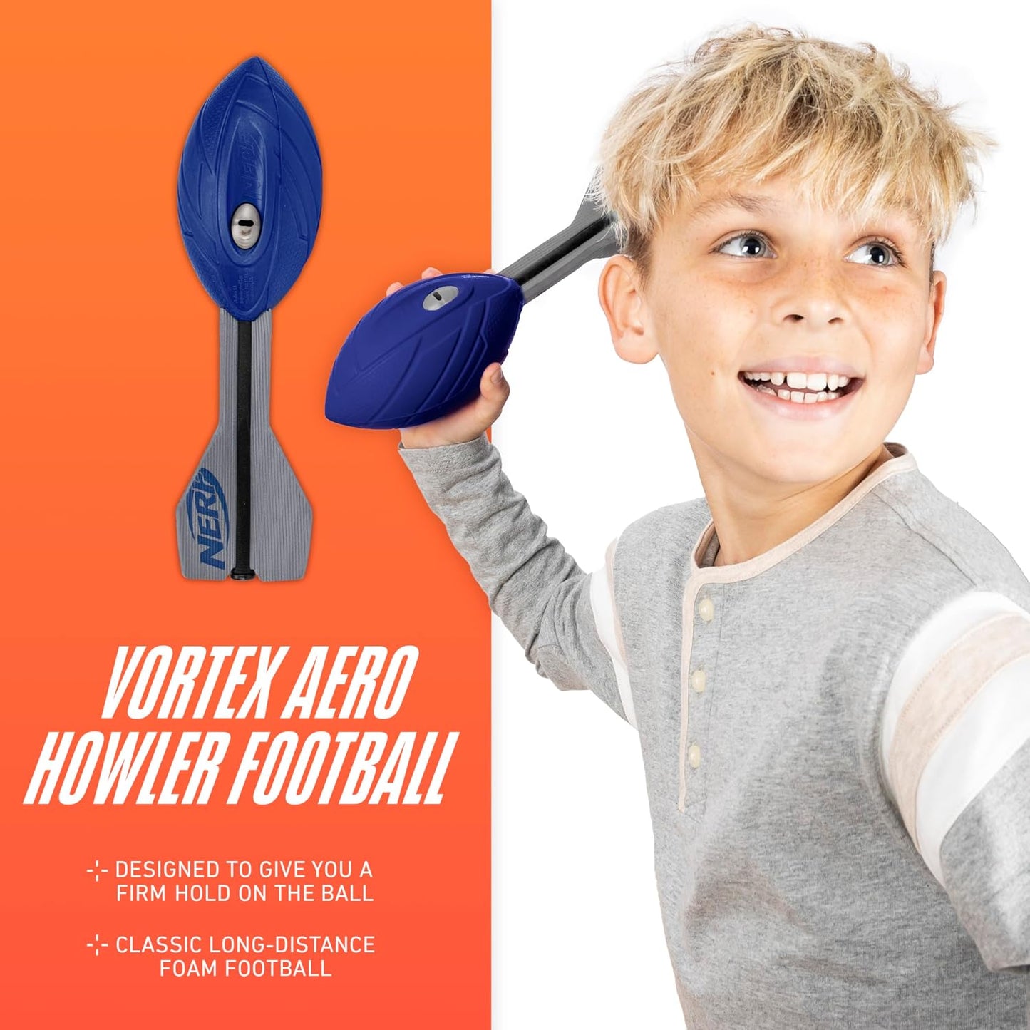 HotNerf Vortex Aero Howler Foam Ball – Classic Long-Distance Football - Flight-Optimizing Tail - Hand Grip – Indoor and Outdoor Fun (Blue)