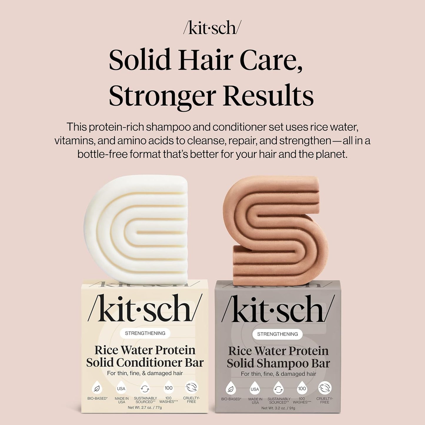 HotKitsch Rice Water Solid Shampoo and Conditioner Set for Hair Growth – 2 pcs | Strengthening Hair Care Duo w/ Rice Protein & Vitamins for Damage Repair – Paraben, Sulfate & Silicone Free, Made in USA