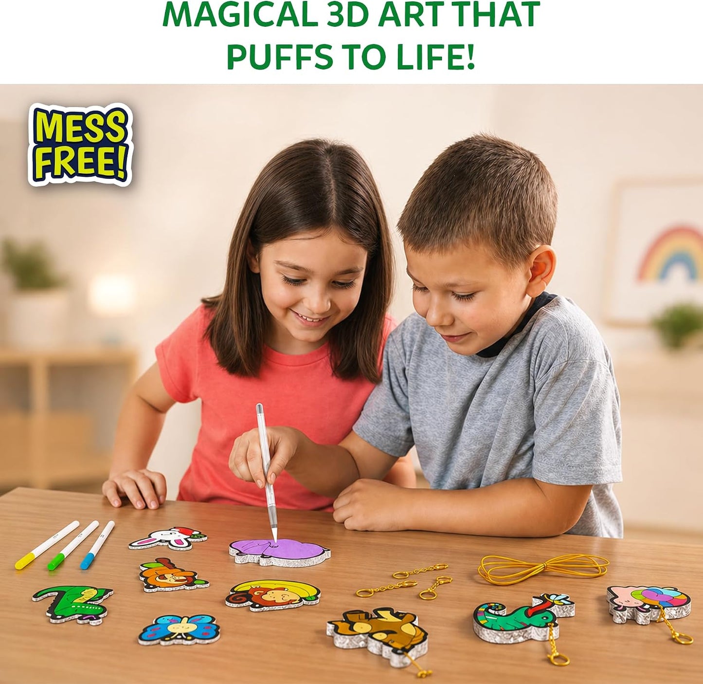 HotSkillmatics Aqua Puffs 3D Art Kit – Animals, Mess-Free Paint by Number Kit | DIY Keychains, Color Activity, Screen-Free Entertainment, Travel & Creative Gift for Girls & Boys Ages 4, 5, 6, 7, 8, 9, 10