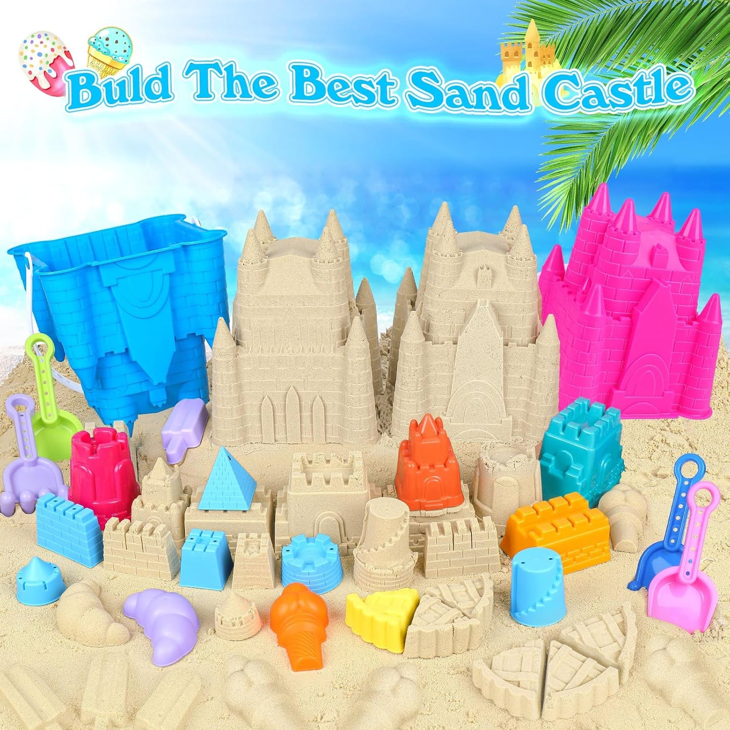 Hot FUSPWEAO Beach Toys Sand Toys for Kids, Sand Castle Toys for Beach with 2 Castle Bucket and Mesh Bag, Sand Molds, Shovels and Rakes, Sandbox Toys for Toddlers, Travel Beach Toys for Kids 3-10