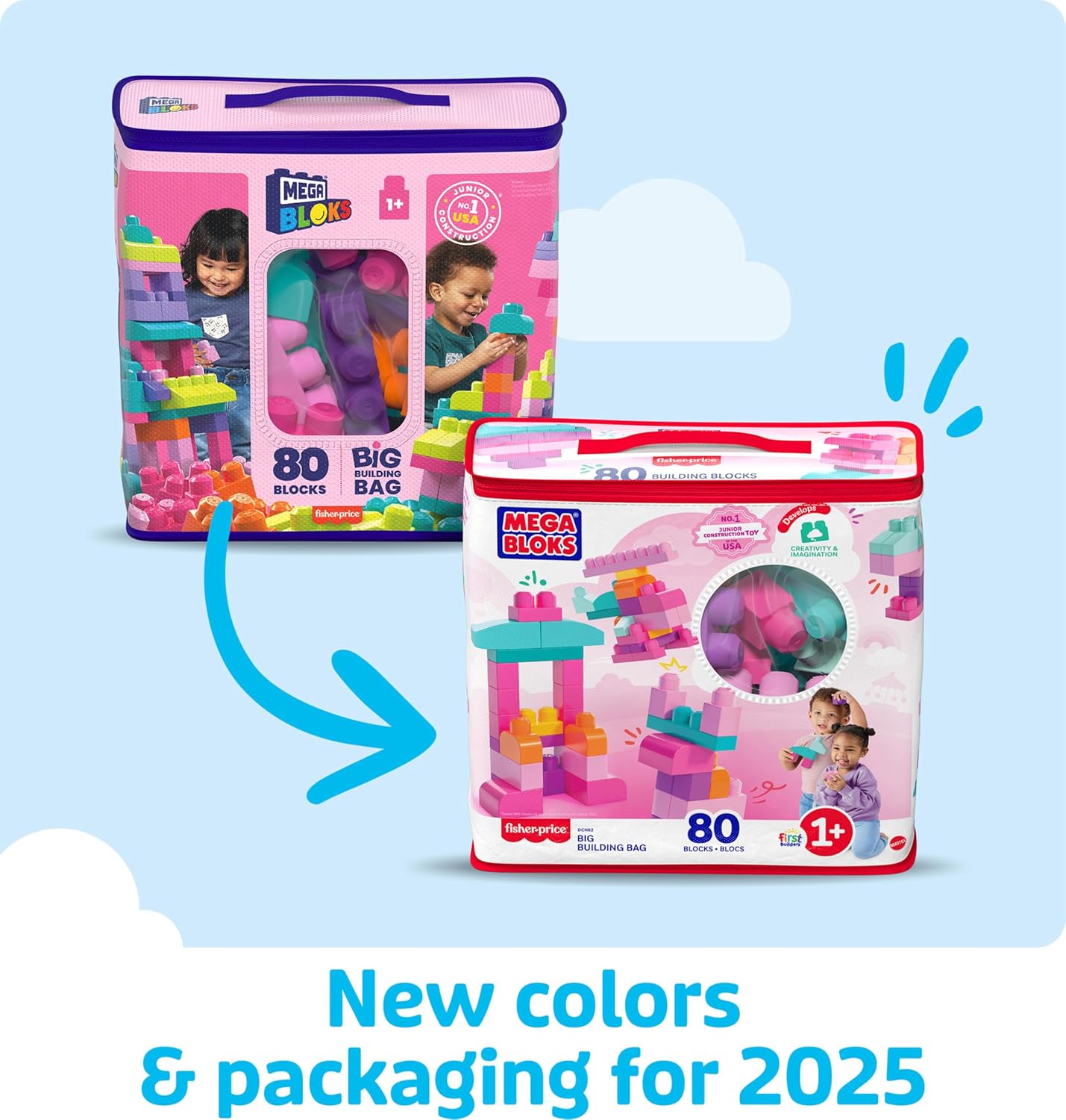 HotMEGA BLOKS First Builders Toddler Blocks Toys Set, Big Building Bag Collection with 80 Pieces and Storage, Pink, Ages 1+ Years