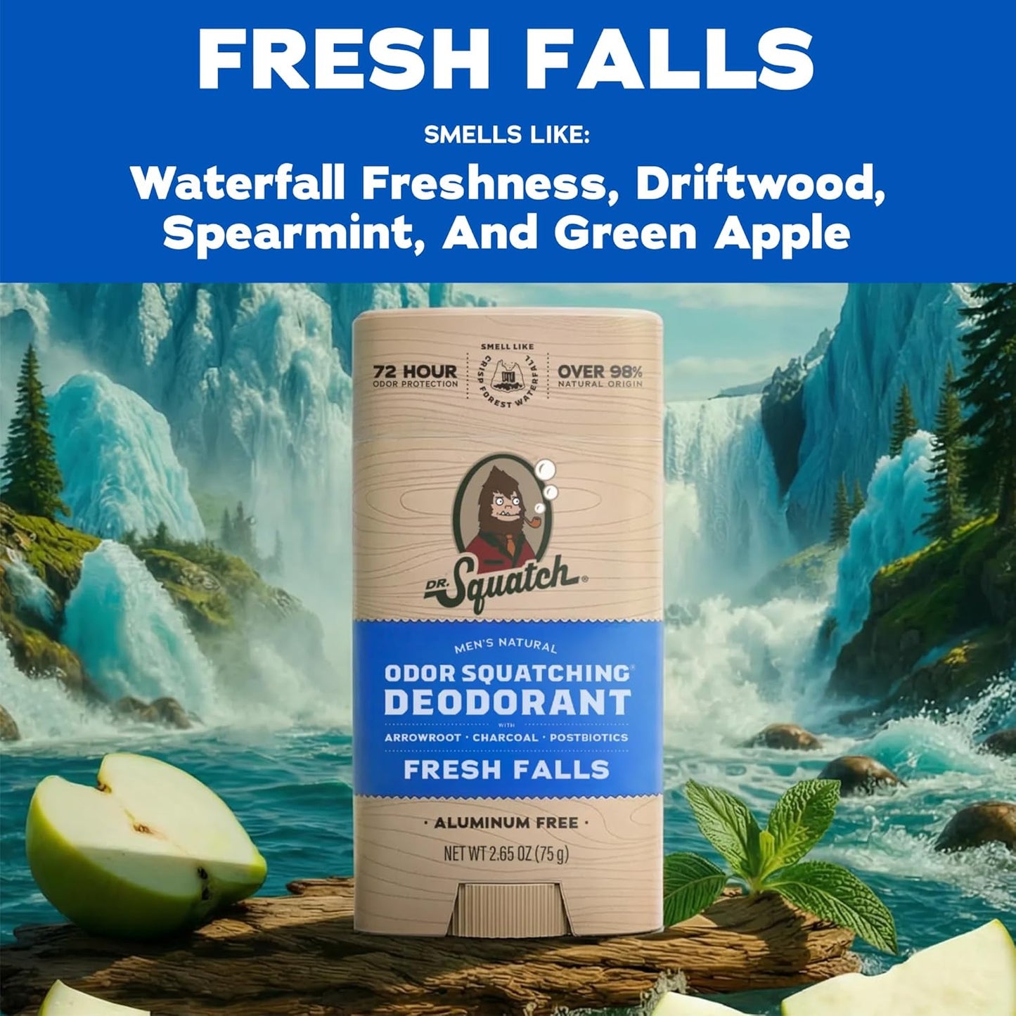 HotDr. Squatch Natural Men’s Deodorant – Aluminum Free Natural Deodorant Men with Charcoal & Postbiotics for 72-Hour Odor Protection – Fresh Falls, 2.65oz Stick (3-Pack)