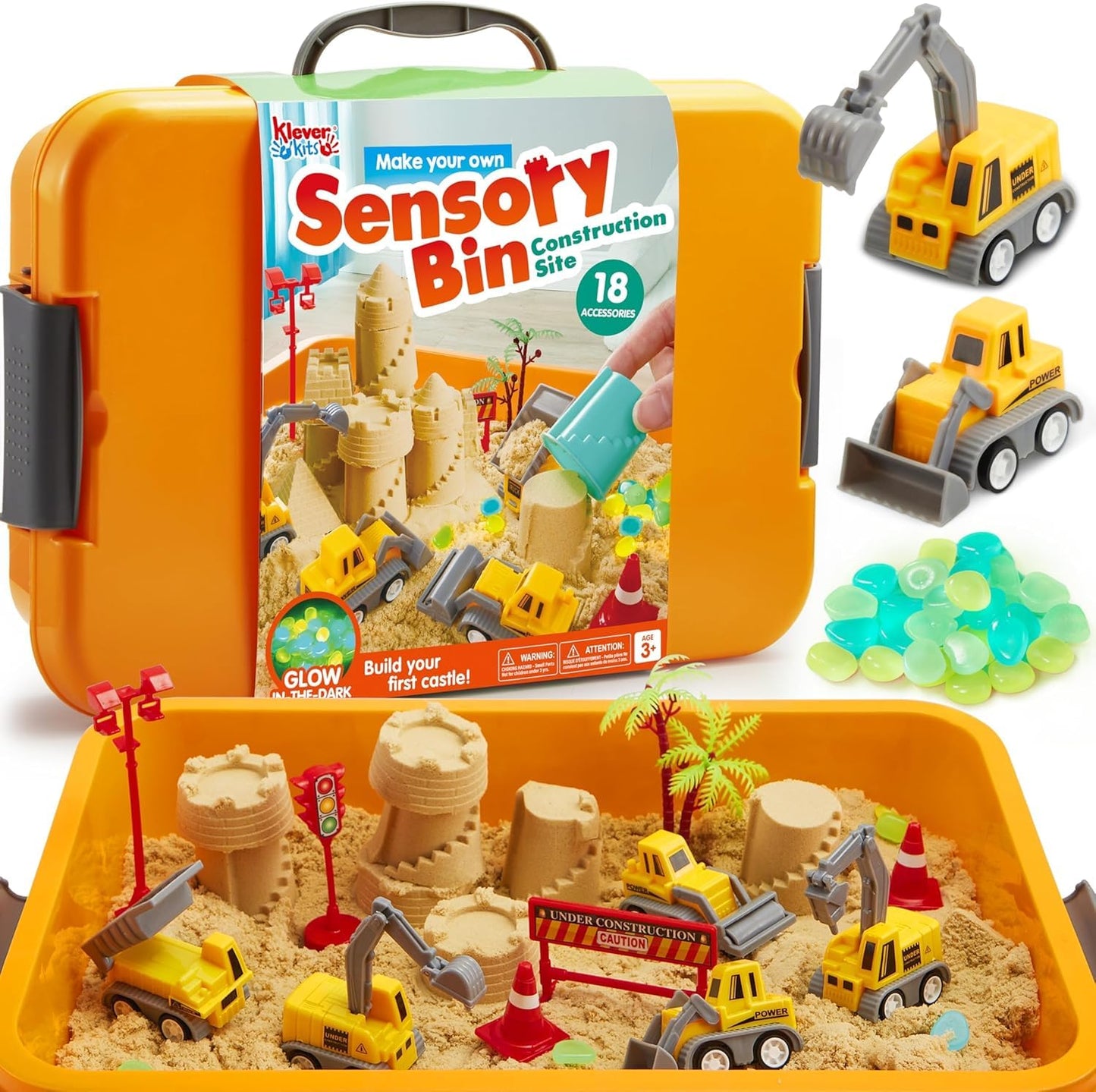 HotJOVA Klever Kits Construction Sensory Bin for Toddlers with Glow in The Dark Stones, Sandbox with Lid Castle Building kit, Preschool Learning Activities Gifts for Boys Girls Age 3+