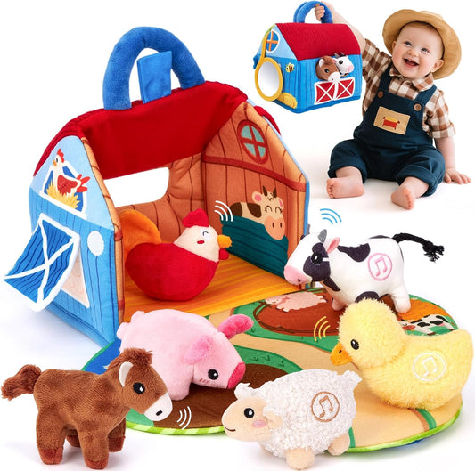 Hothahaland Baby Toys 6-12 Months - Surprise Barn with Stuffed Farm Animals with Real Sounds - Montessori Toys for 6 Month Old Baby Gifts Toddlers Sensory Toy 1 Year Old Boy Girl Gifts Infant Toys