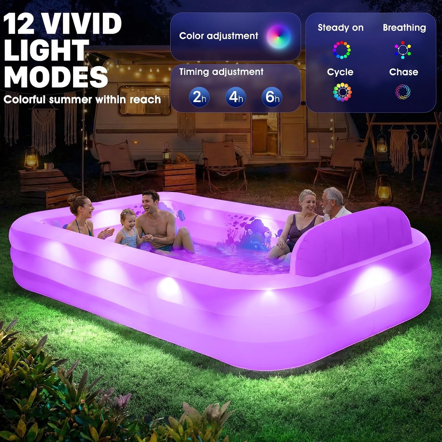 Hot Extra Large Inflatable Pool with Lights,Upgraded Solar Powered Blow Up Pool for Adults,Inflatable Kids Swimming Pool with Seat& Backrest,Big Inflatable Kids Pool for Backyard,120x73x20IN