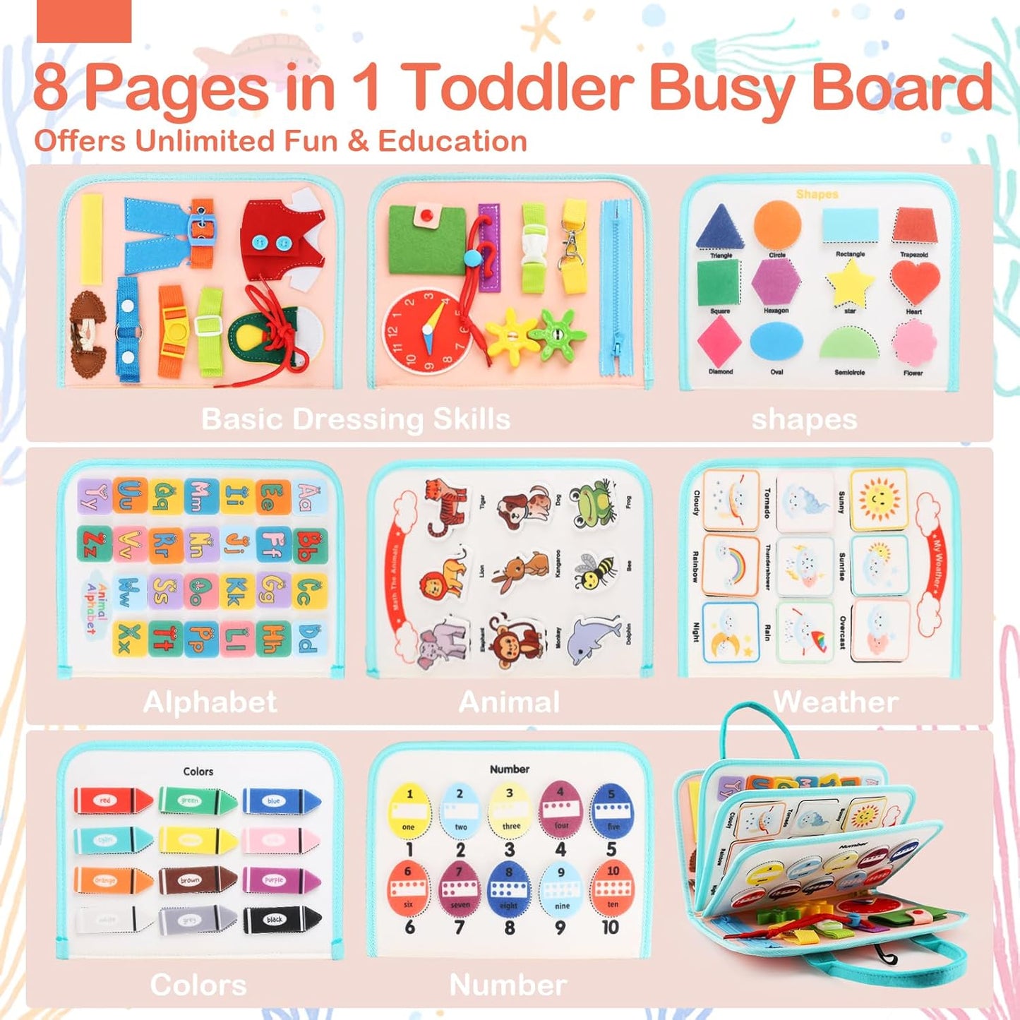 HotTeefrye Toddler Busy Board Montessori Toys for Toddlers 1-3 Year Old Educational Activity Book Board Sensory Travel Toys Ages 2-4 Preschool Learning Fine Motor Skills Toy Quiet Book Gift for Kids