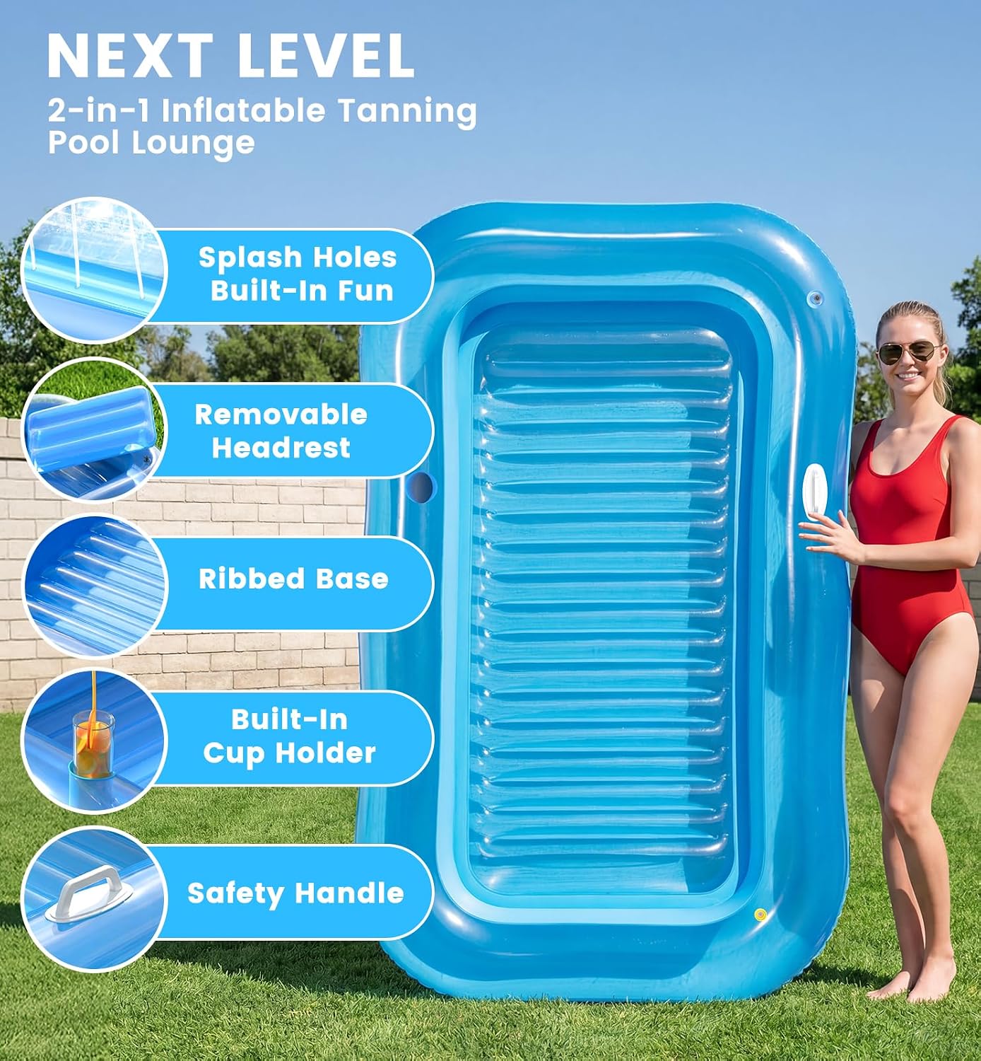 HotInflatable Tanning Pool Lounger Float with Sprinkler, 77" x 48" XL Tanning Pool for Adults with Pillow & Cup Holder, 6 in 1 Suntan Tub Sunbathing Bed Pool Floats Adult for Backyard, Beach & Lake
