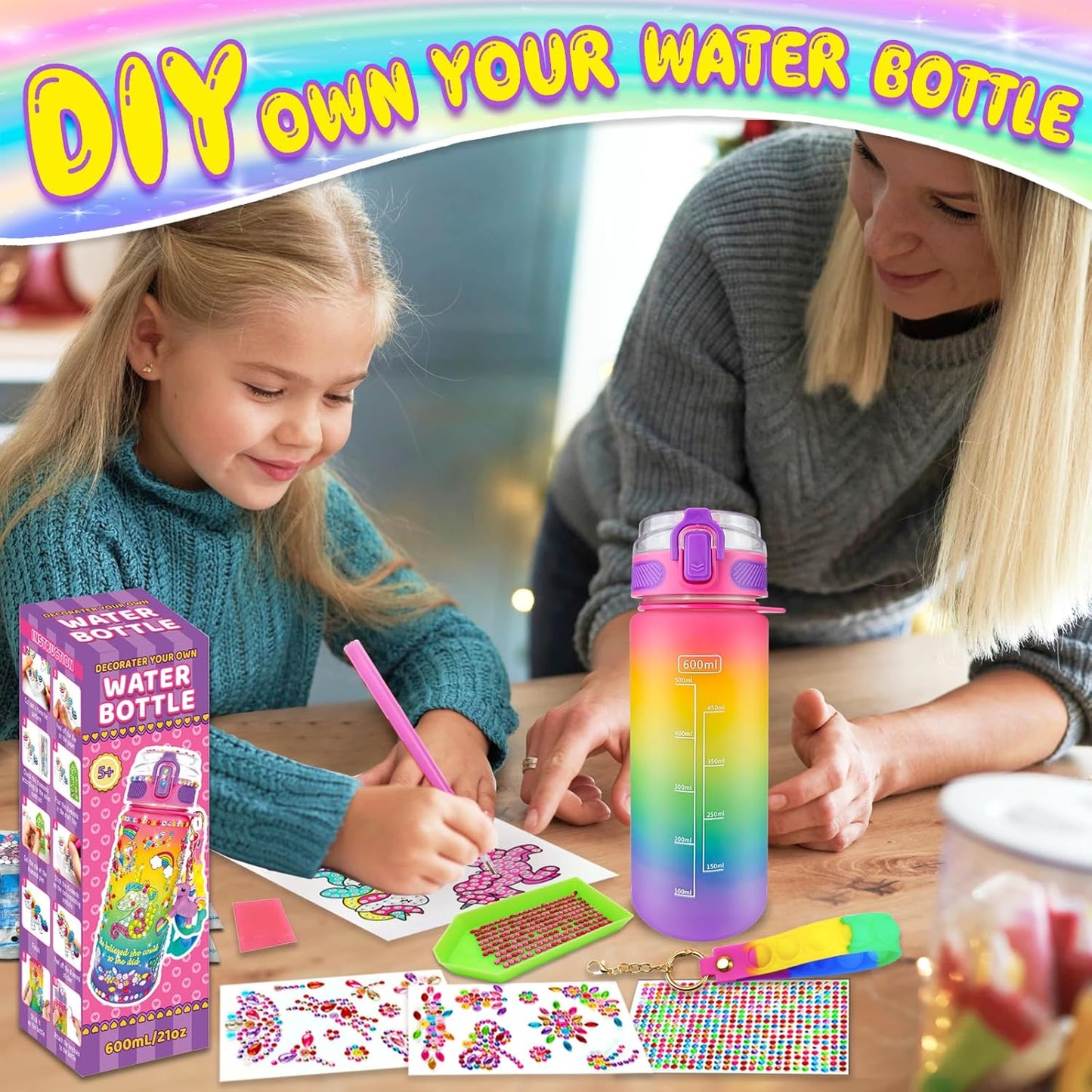 HotEDSPORTSHOUSE Decorate Your Own Water Bottle Kits for Girls Age 4-6-8-10,Unicorn Painting Crafts,Fun Arts and Crafts Gifts Toys for Girls Birthday Christmas(Unicorn)