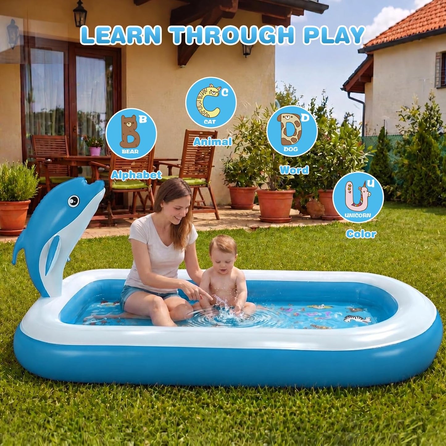 HotSplash Pads for Toddlers 1-3, Dolphin Toy Sprinkler for Kids, Outdoor Play Mat for Babies, 68" Backyard Inflatable Kiddie Pool, Splash Pad for Kids Ages 4-8, Birthday Gifts for 1 Year Old Boy Girl