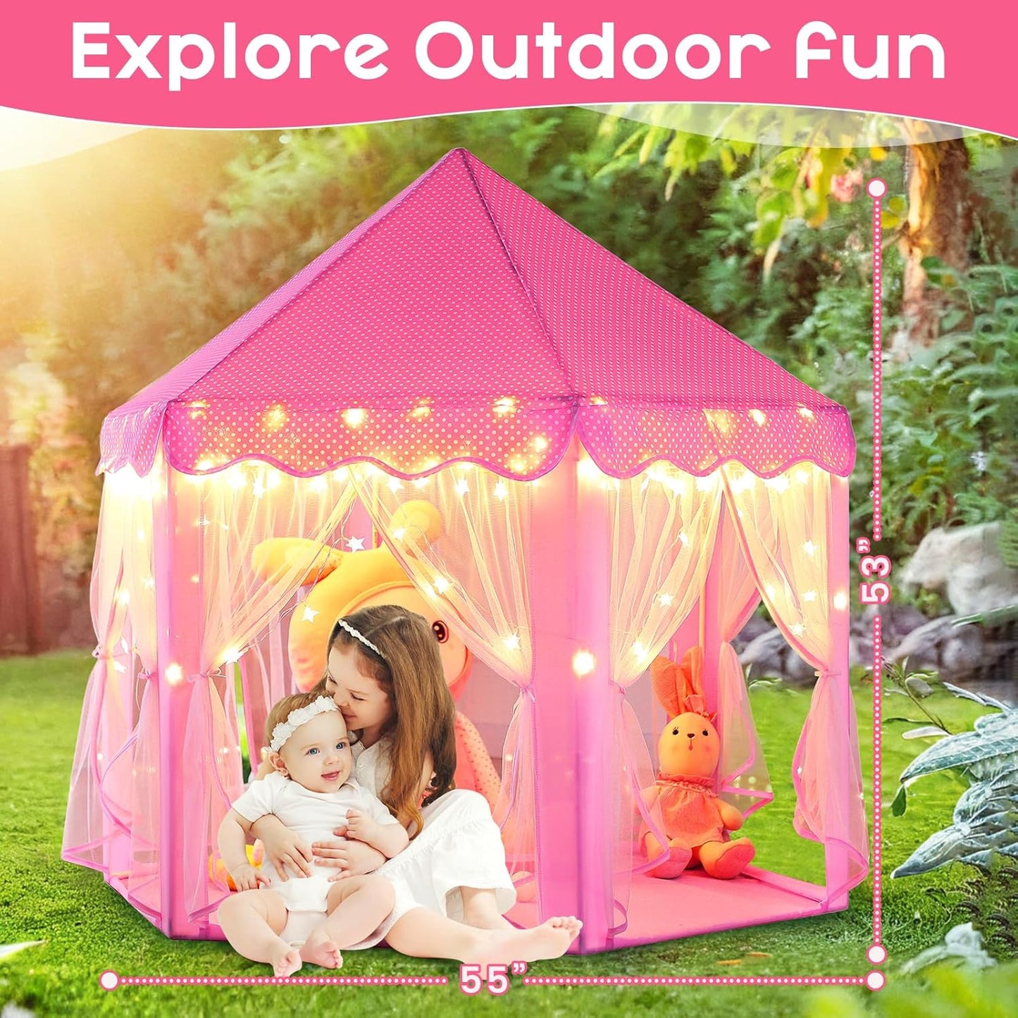HotMonobeach Princess Tent Girls Large Playhouse Kids Castle Play Tent with Star Lights Toy for Children Indoor and Outdoor Games, 55'' x 53'' (DxH)