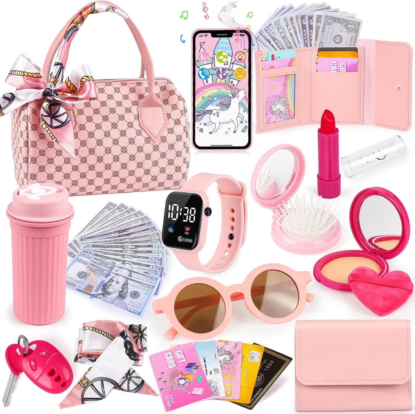 HotOisacirg Play Purse for Little Girls, 32PCS Toddler Purse with Pretend Makeup for Kids, Princess Toys Includes Handbag, Phone, Wristwatch, Silk Scarf Kids Toy Purse Birthday Gift for Girls 3 4 5 6 +