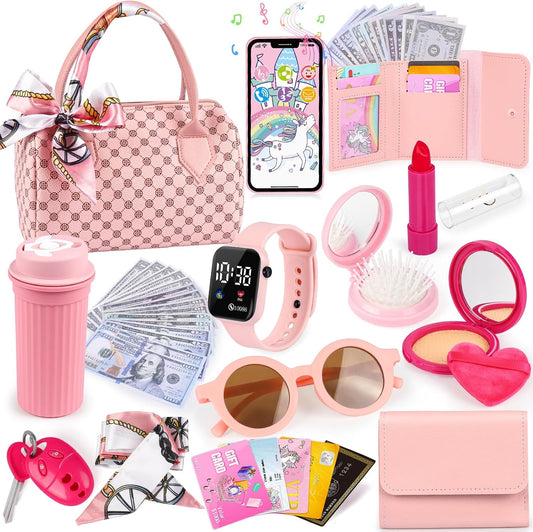 HotOisacirg Play Purse for Little Girls, 32PCS Toddler Purse with Pretend Makeup for Kids, Princess Toys Includes Handbag, Phone, Wristwatch, Silk Scarf Kids Toy Purse Birthday Gift for Girls 3 4 5 6 +
