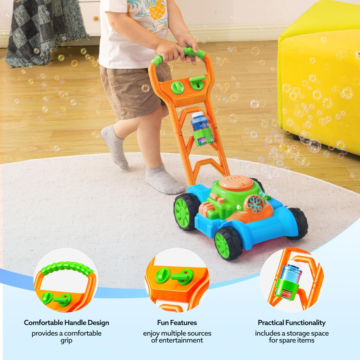 HotSLOOSH Bubble Lawn Mower Toddler Toys - Spill-Proof Bubble Machine Pretend Gardening Play Toy for Age 1 2 3 1-3 Year Old Baby Boys Indoor Outdoor Use, Summer Birthday Gifts (Blue)