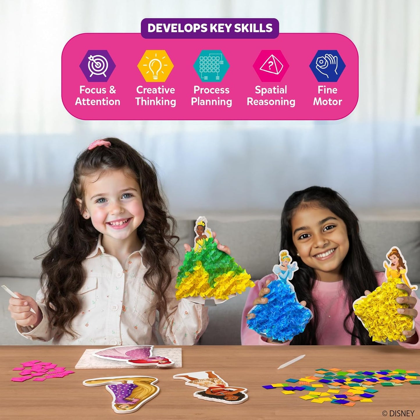 HotSkillmatics Poke-in Art – Disney Princesses, Mess-Free DIY Wood Craft Kit | Screen-Free Entertainment, Fun Colorful Creative Activity for Kids, Cinderella, Ariel, Gifts for Girls Ages 4, 5, 6, 7, 8, 9