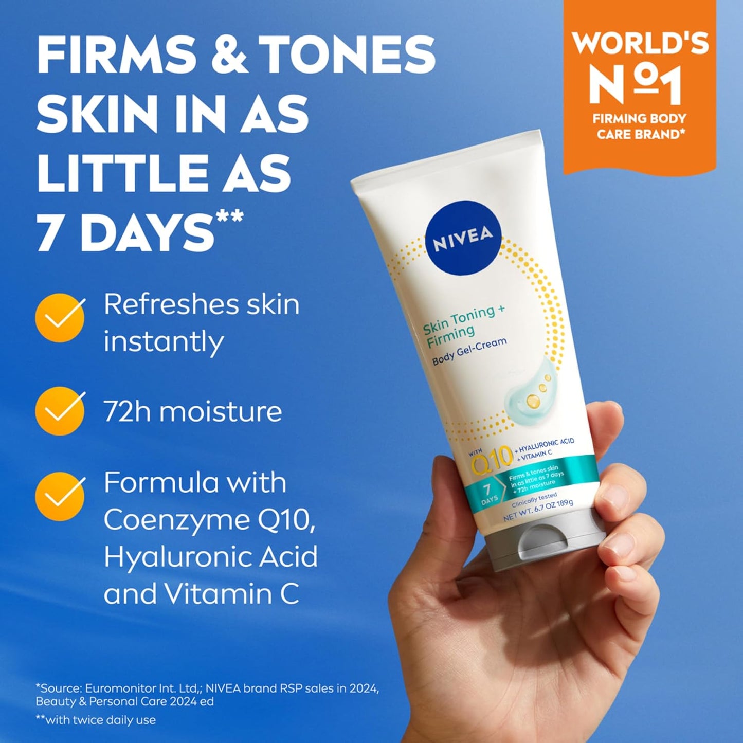HotNIVEA Skin Firming & Toning Body Gel Cream with Q10, Hyaluronic Acid and Vitamin C, Clinically Tested Skin Firming & Toning Cream, 72-Hour Moisture, 6.7 Oz Tube